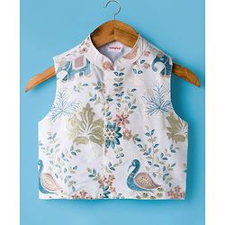 Babyhug Woven Full Sleeves Kurta Pajama Set With Floral Embroidered Jacket - White