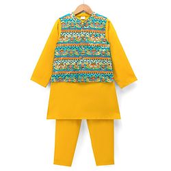 Babyhug Woven Full Sleeves Kurta Pyjama Set With Printed Nehru Jacket - Orange