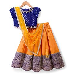 Babyhug Brocade Woven Half Sleeves Choli Lehenga Set With Foil Print & Dupatta - Navy Blue & Yellow