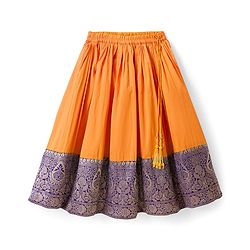 Babyhug Brocade Woven Half Sleeves Choli Lehenga Set With Foil Print & Dupatta - Navy Blue & Yellow