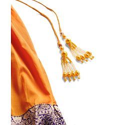 Babyhug Brocade Woven Half Sleeves Choli Lehenga Set With Foil Print & Dupatta - Navy Blue & Yellow