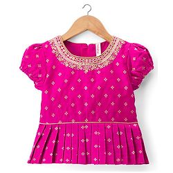 Babyhug Brocade Woven Half Sleeves Choli and Lehenga Set with Floral Embroidery & Foil Print - Dark Pink