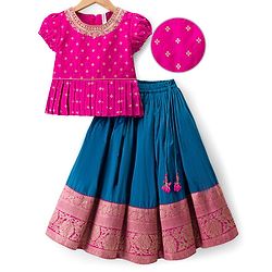 Babyhug Brocade Woven Half Sleeves Choli and Lehenga Set with Floral Embroidery & Foil Print - Dark Pink