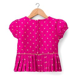 Babyhug Brocade Woven Half Sleeves Choli and Lehenga Set with Floral Embroidery & Foil Print - Dark Pink