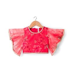 Babyhug Woven Floral Printed Flutter Sleeves Choli Lehenga Set with Floral Print & Lace Detailing & Dupatta - Orange