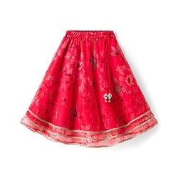 Babyhug Woven Floral Printed Flutter Sleeves Choli Lehenga Set with Floral Print & Lace Detailing & Dupatta - Orange