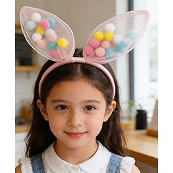 Babyhug Hair Bands Free Size Bunny Ear Applique with Colorful Pom Poms  - Light Pink