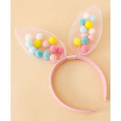 Babyhug Hair Bands Free Size Bunny Ear Applique with Colorful Pom Poms  - Light Pink