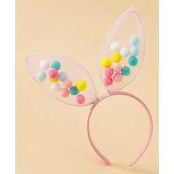 Babyhug Hair Bands Free Size Bunny Ear Applique with Colorful Pom Poms  - Light Pink