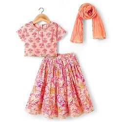 Babyhug Cotton Woven Half Sleeves Choli Lehenga & Dupatta Set With Floral Print - Peach