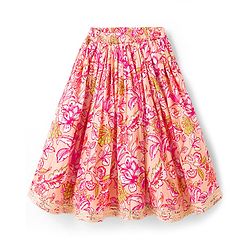 Babyhug Cotton Woven Half Sleeves Choli Lehenga & Dupatta Set With Floral Print - Peach