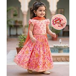 Babyhug Cotton Woven Half Sleeves Choli Lehenga & Dupatta Set With Floral Print - Peach