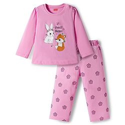 Babyhug Cotton Knit Full Sleeves Night Suit With Animal Print - Light Pink