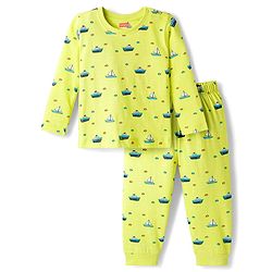 Babyhug Cotton Knit Full Sleeves Co-ords Night Suit with Nautical Theme Print - Neon Green