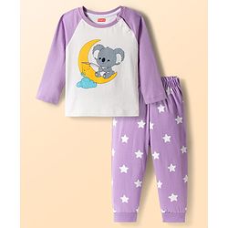 Babyhug  Cotton Knit Full Raglan Sleeves Night Suit With Animal Print - Lavender