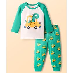 Babyhug Cotton Knit Full Raglan Sleeves Night Suit With Dino Print - Mint Green