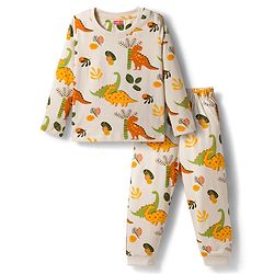 Babyhug Cotton Knit Full Sleeves Co-ords Night Suit With Dino Print - Cream