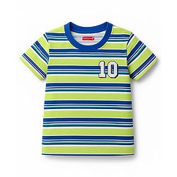 Babyhug 100% Cotton Knit Half Sleeves T-Shirt with Stripes & Text Print - Limegreen & Blue