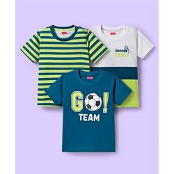 Babyhug 100% Cotton Knit Half Sleeves T-Shirts with Stripes & Go Team Text Print Pack of 3 - Navy Blue & Neon Green
