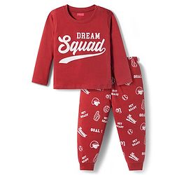 Babyhug Cotton Knit Full Sleeves Night Suit With Dream Squad Text Print - Maroon