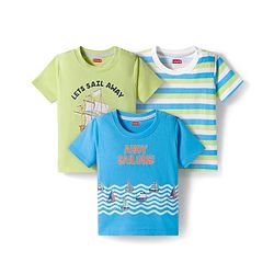 Babyhug 100% Cotton Knit  Half Sleeves T-Shirt with Stripes & Nautical Print Pack of 3 - Light Blue & Light Green