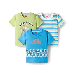 Babyhug 100% Cotton Knit  Half Sleeves T-Shirt with Stripes & Nautical Print Pack of 3 - Light Blue & Light Green