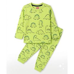 Babyhug 100% Cotton Knit Full Sleeves Co-ords Night Suit With Panda Print - Green