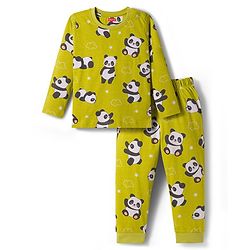 Babyhug 100% Cotton Knit Full Sleeves Co-ords Night Suit With Panda Print - Green