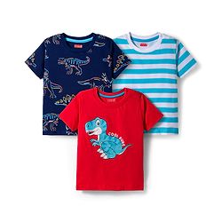 Babyhug 100% Cotton Knit Half Sleeves T-Shirt with Stripes & Dino Print Pack of 3 - Navy Blue Light Blue & Red