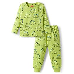 Babyhug Cotton Knit Full Sleeves Co-ords Night Suit With Dino Print - Green