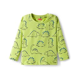 Babyhug Cotton Knit Full Sleeves Co-ords Night Suit With Dino Print - Green