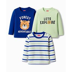 Babyhug 100% Cotton Knit Full Sleeves Striped T-Shirts with Text Graphic Pack of 3 - Multicolor