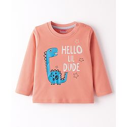 Babyhug 100% Cotton Knit Full Sleeves T-Shirt With Hello Lil Dude Text Print - Coral