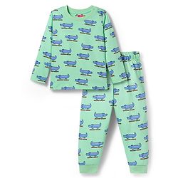 Babyhug Cotton Knit Full Sleeves Co-ords Night Suit with Crocodile Print - Green