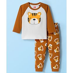 Babyhug Cotton Knit Full Raglan Sleeves Night Suit With Tiger Print - Brown & White