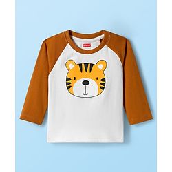 Babyhug Cotton Knit Full Raglan Sleeves Night Suit With Tiger Print - Brown & White