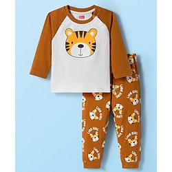 Babyhug Cotton Knit Full Raglan Sleeves Night Suit With Tiger Print - Brown & White