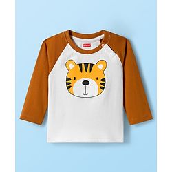 Babyhug Cotton Knit Full Raglan Sleeves Night Suit With Tiger Print - Brown & White