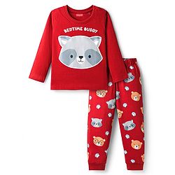 Babyhug Cotton Knit Full Sleeves Night Suit With Animal Print - Maroon