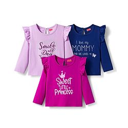 Babyhug 100% Cotton Knit Full Sleeves T-Shirts with Sweet Little Princess & Frill Detailing Pack of 3 - Pink Plum & Navy Blue