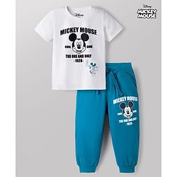Babyhug Disney Single Jersey Knit Half Sleeves T-Shirt & Joggers Set With Mickey Mouse Graphic - White