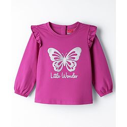 Babyhug 100% Cotton Knit Full Sleeves T-Shirt with Butterfly Graphic & Frill Detailing - Pink