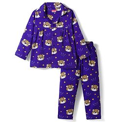 Babyhug Cotton Knit Full Sleeves Co-ords Night Suit With Animal Print - Navy Blue
