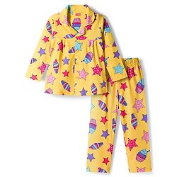 Babyhug Cotton Knit Full Sleeves Co-ords Night Suit With Star Print - Yellow