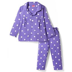 Babyhug Cotton Knit Full Sleeves Co-ords Front Open Night Suit with Polka Dot Print - Lilac