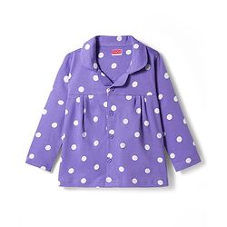 Babyhug Cotton Knit Full Sleeves Co-ords Front Open Night Suit with Polka Dot Print - Lilac