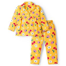 Babyhug Cotton Knit Full Sleeves Co-ords Night Suit With Floral Print - Yellow