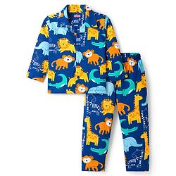 Babyhug Cotton Knit Full Sleeves Co-ords Night Suit With Animal Print - Navy Blue