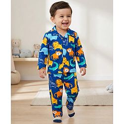 Babyhug Cotton Knit Full Sleeves Co-ords Night Suit With Animal Print - Navy Blue
