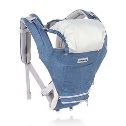 Babyhug Harmony 9-in-1 Ergonomic Baby Carrier with Hip Seat - Denim| Breathable Mesh Fabric| Detachable Hood| Soft Padded Straps| Storage Pocket| 9 carrying positions for babies up to 15 kg| 3 months+